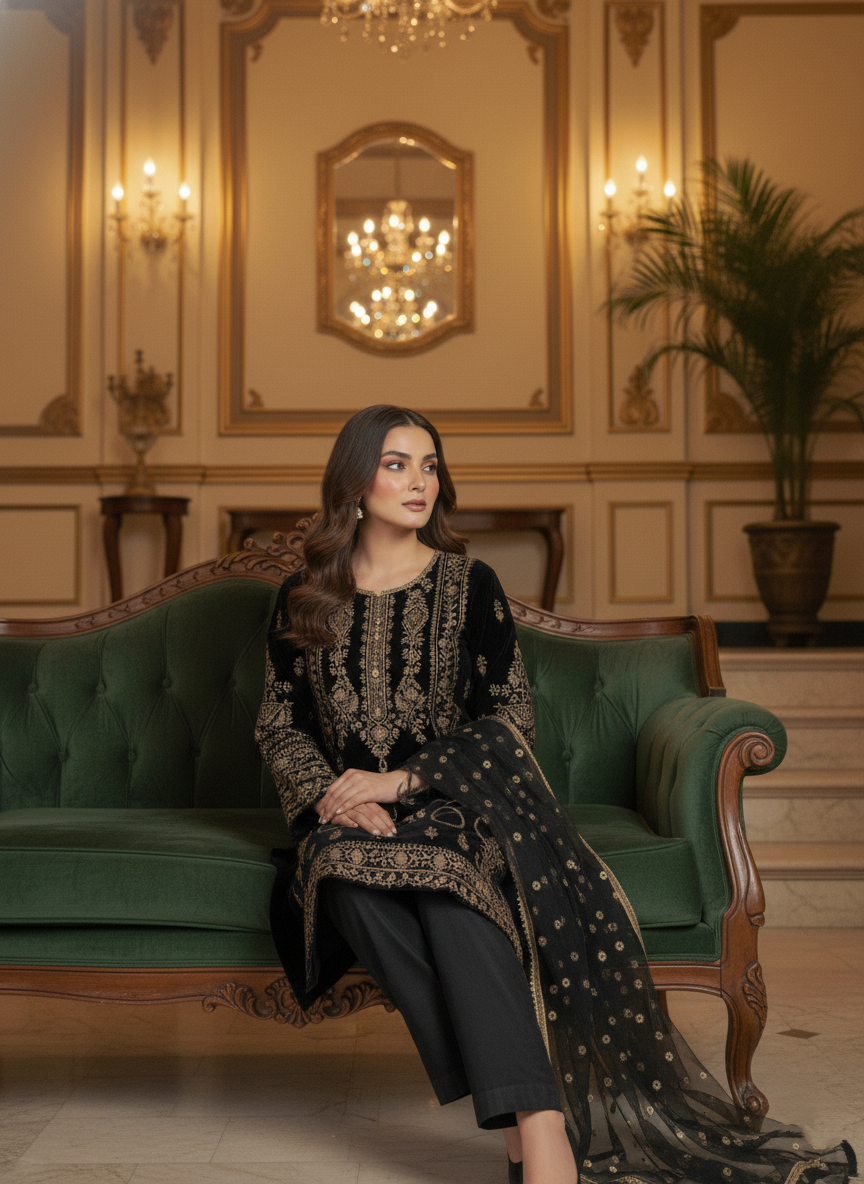 Black Velvet Zari Embroidered Suit Set for Women | Premium Kurti-Pant-Dupatta | Festive & Partywear Collection