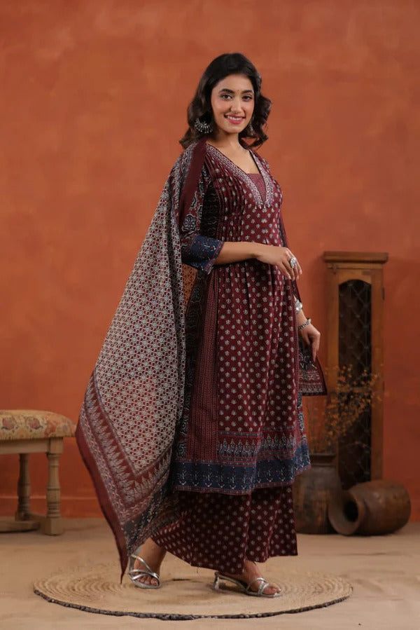 Maroon Handblock Printed Cotton Kurta Set with Dupatta – Premium Ethnic Ensemble by Laxurine