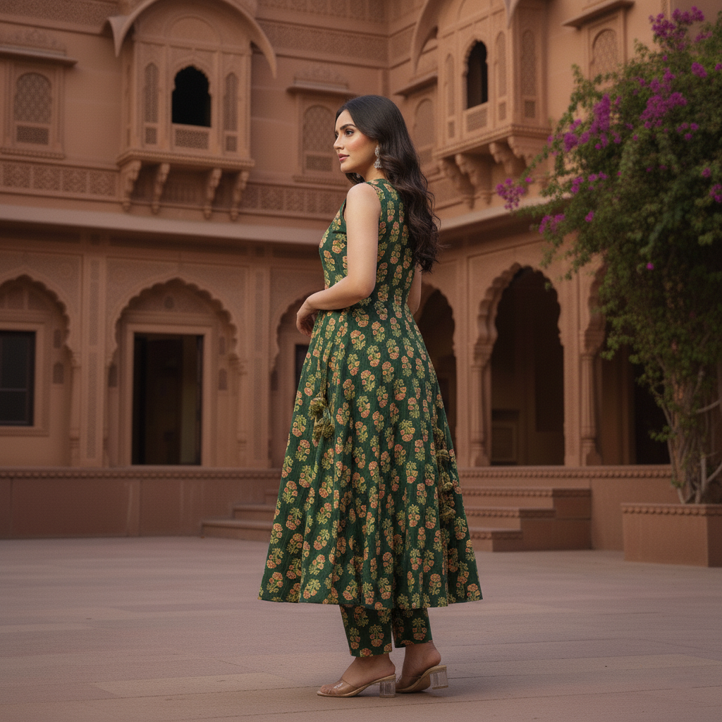 Emerald Bloom Anarkali Set – Royal Green Handblock Printed Cotton Suit