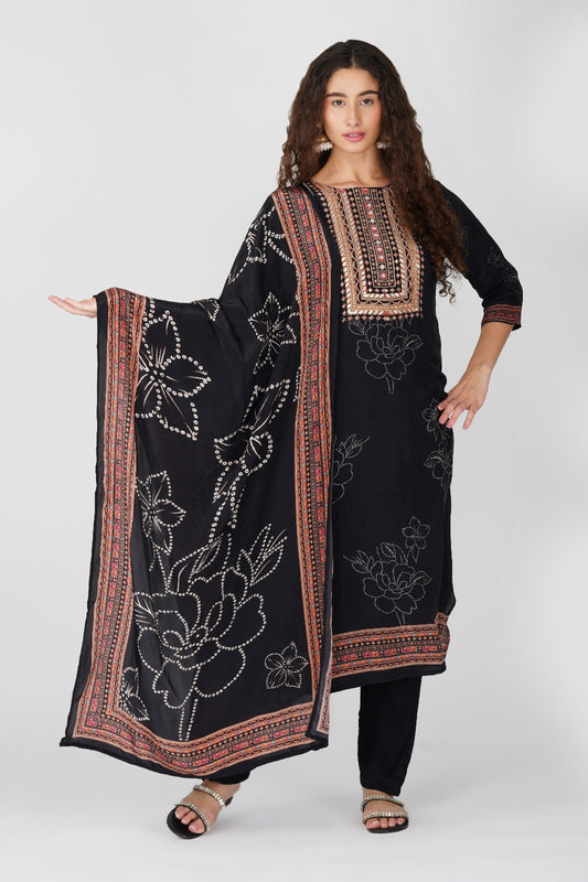 Luxury Black Embroidered Kurti Set with Dupatta