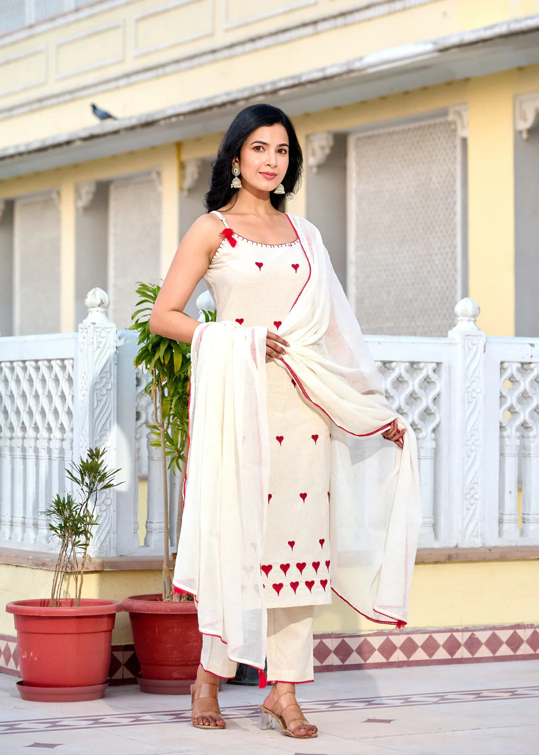 Ivory Cotton Embroidered Kurta Set with Dupatta | Minimal Festive Wear by Laxurine