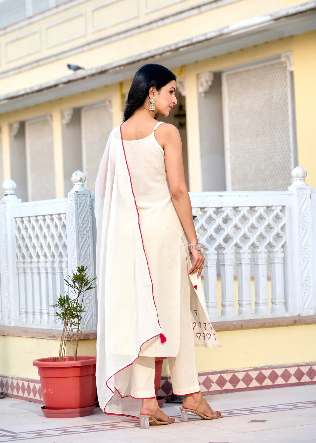 Ivory Cotton Embroidered Kurta Set with Dupatta | Minimal Festive Wear by Laxurine