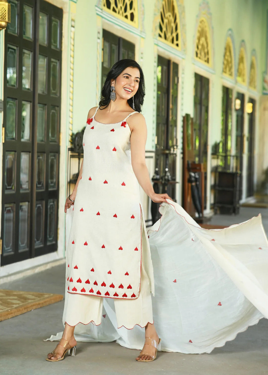 Ivory Cotton Embroidered Kurta Set with Dupatta | Minimal Festive Wear by Laxurine