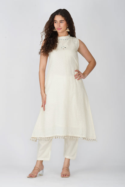 White Sleeveless Mirror Work Kurti Set with Dupatta