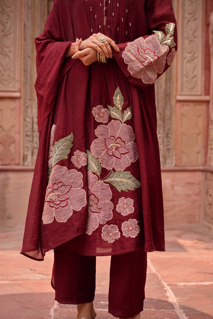 Maroon Mul Chanderi Appliqué Suit Set with Zari & Sequin Detailing