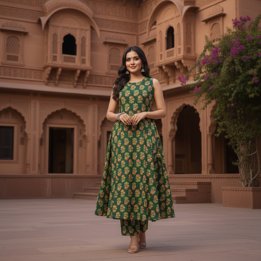 Emerald Bloom Anarkali Set – Royal Green Handblock Printed Cotton Suit