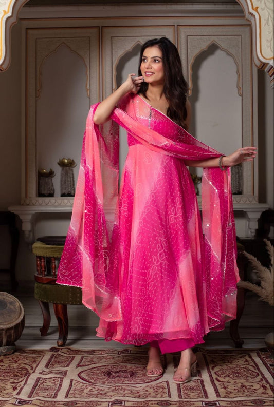 Hot Pink Bandhani Printed Anarkali Kurta Set with Ombre Dupatta – Festive & Wedding Wear