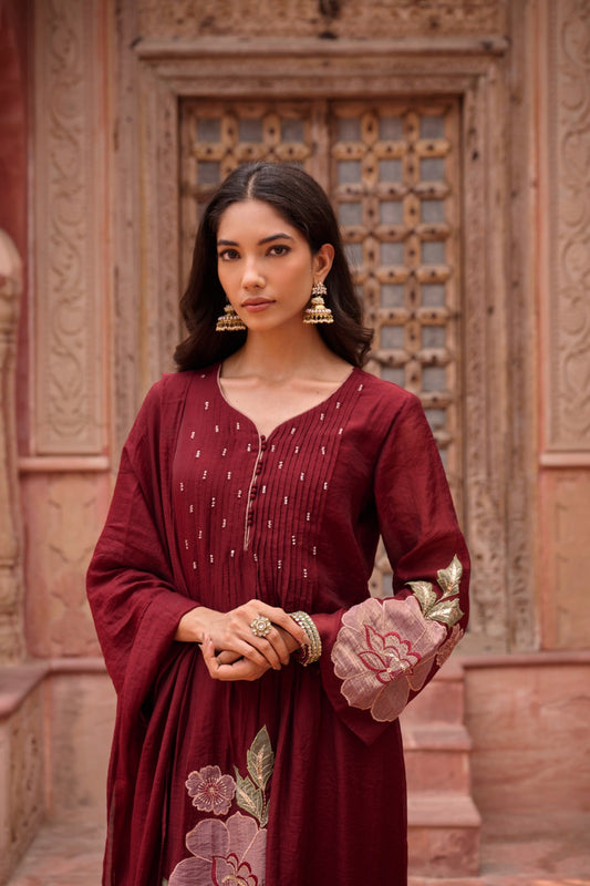 Maroon Mul Chanderi Appliqué Suit Set with Zari & Sequin Detailing