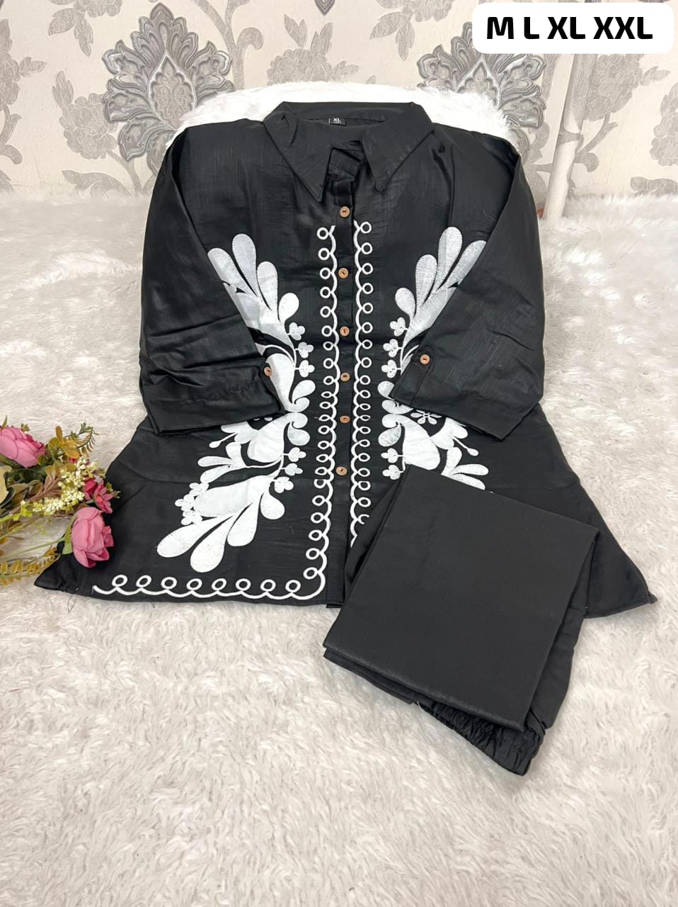 Luxury Embroidered Cotton Shirt for Women | Black & Ivory Indo-Western Designer Top