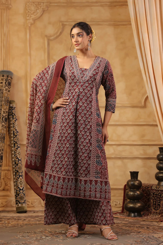 Maroon Handblock Printed Cotton Kurta Set with Dupatta – Premium Ethnic Ensemble by Laxurine