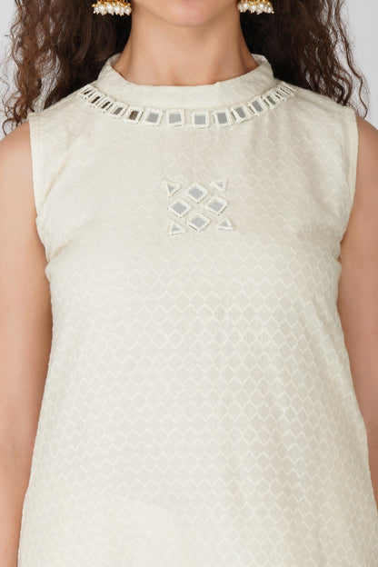 White Sleeveless Mirror Work Kurti Set with Dupatta