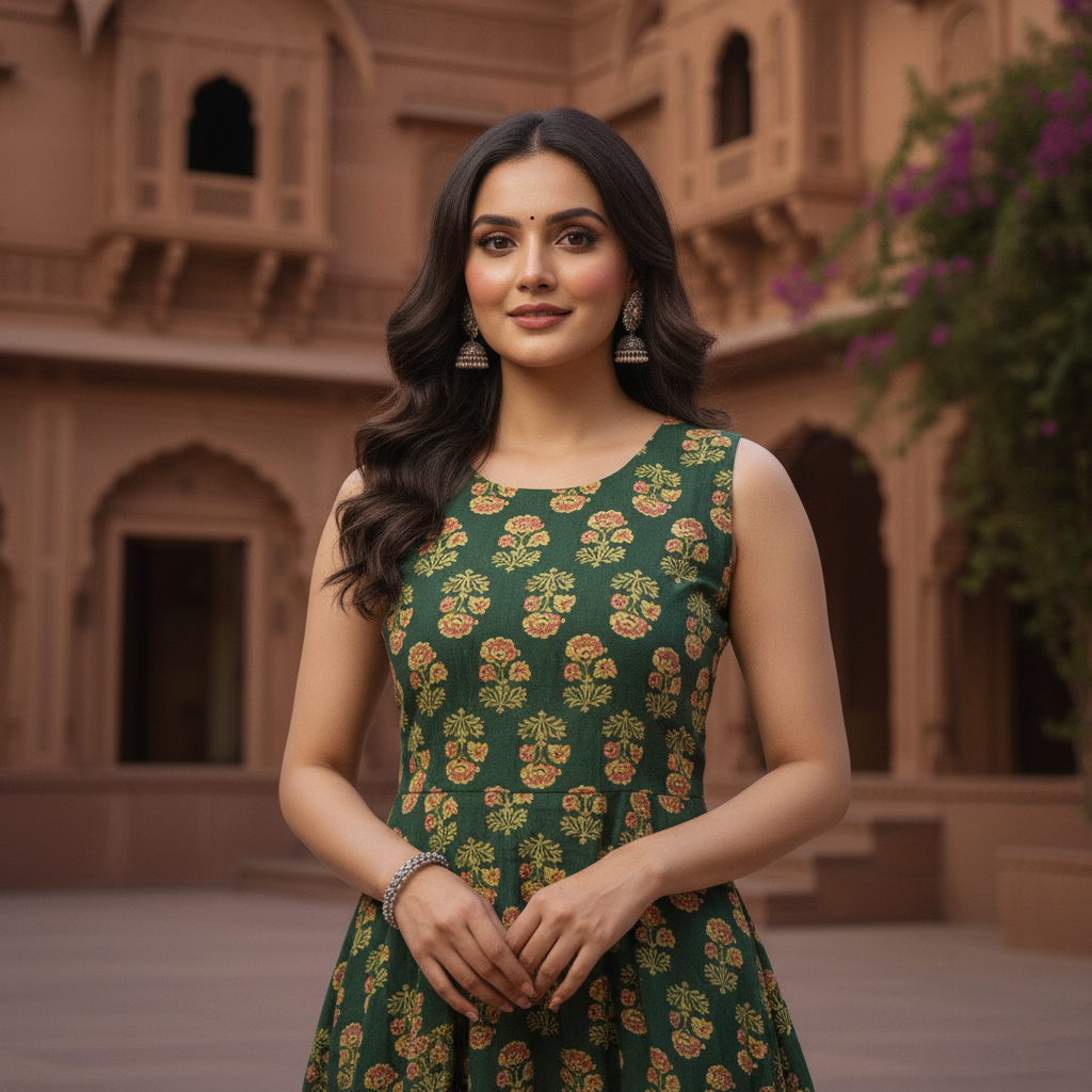 Emerald Bloom Anarkali Set – Royal Green Handblock Printed Cotton Suit