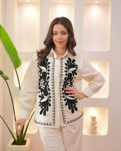 Luxury Embroidered Cotton Shirt for Women | Black & Ivory Indo-Western Designer Top