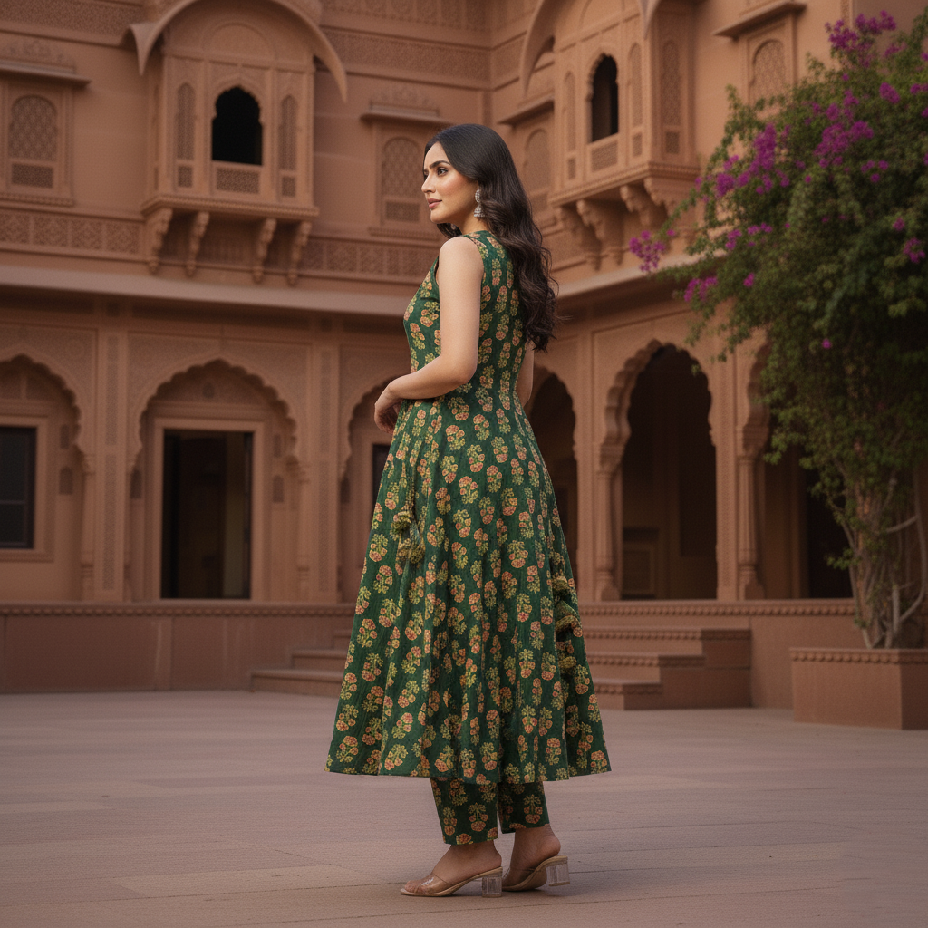 Emerald Bloom Anarkali Set – Royal Green Handblock Printed Cotton Suit