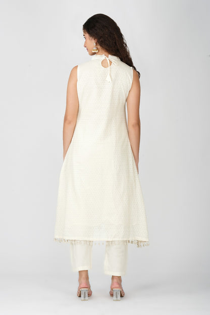 White Sleeveless Mirror Work Kurti Set with Dupatta