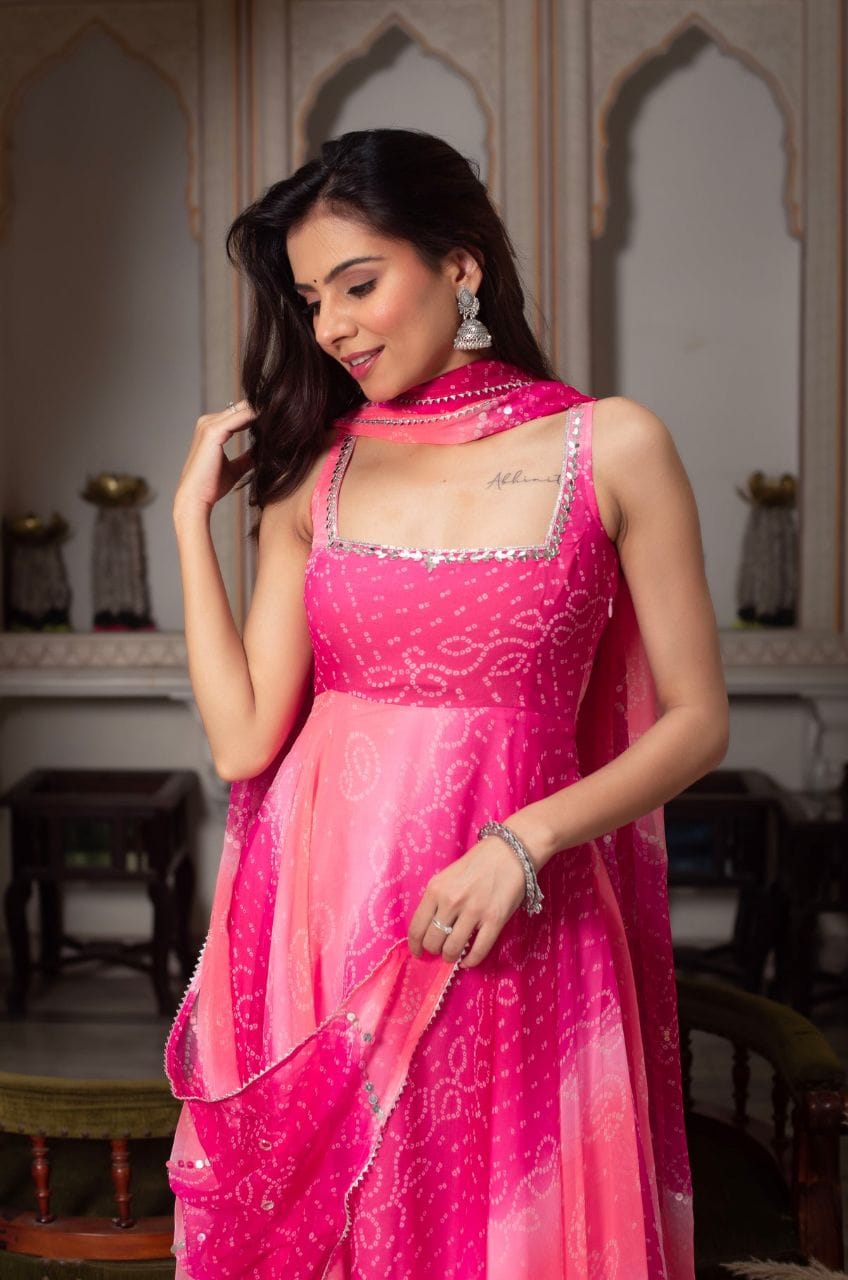Hot Pink Bandhani Printed Anarkali Kurta Set with Ombre Dupatta – Festive & Wedding Wear