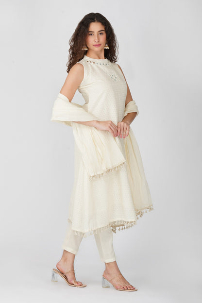 White Sleeveless Mirror Work Kurti Set with Dupatta