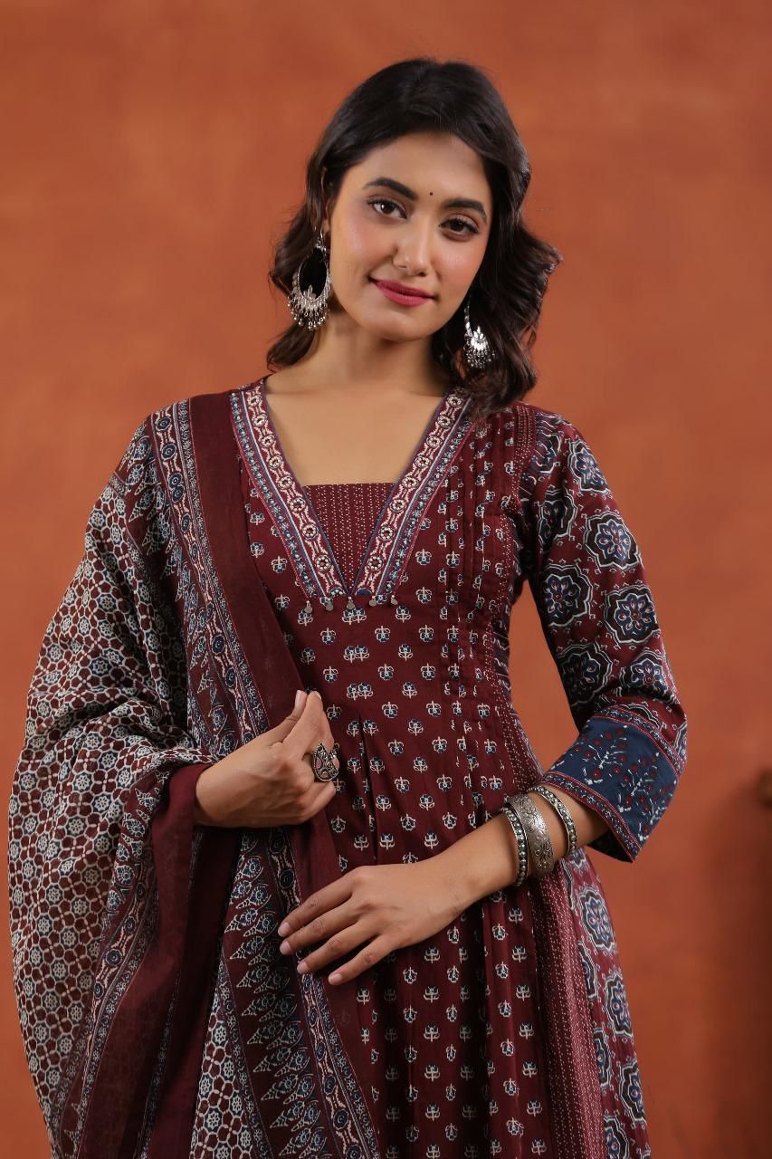 Maroon Handblock Printed Cotton Kurta Set with Dupatta – Premium Ethnic Ensemble by Laxurine