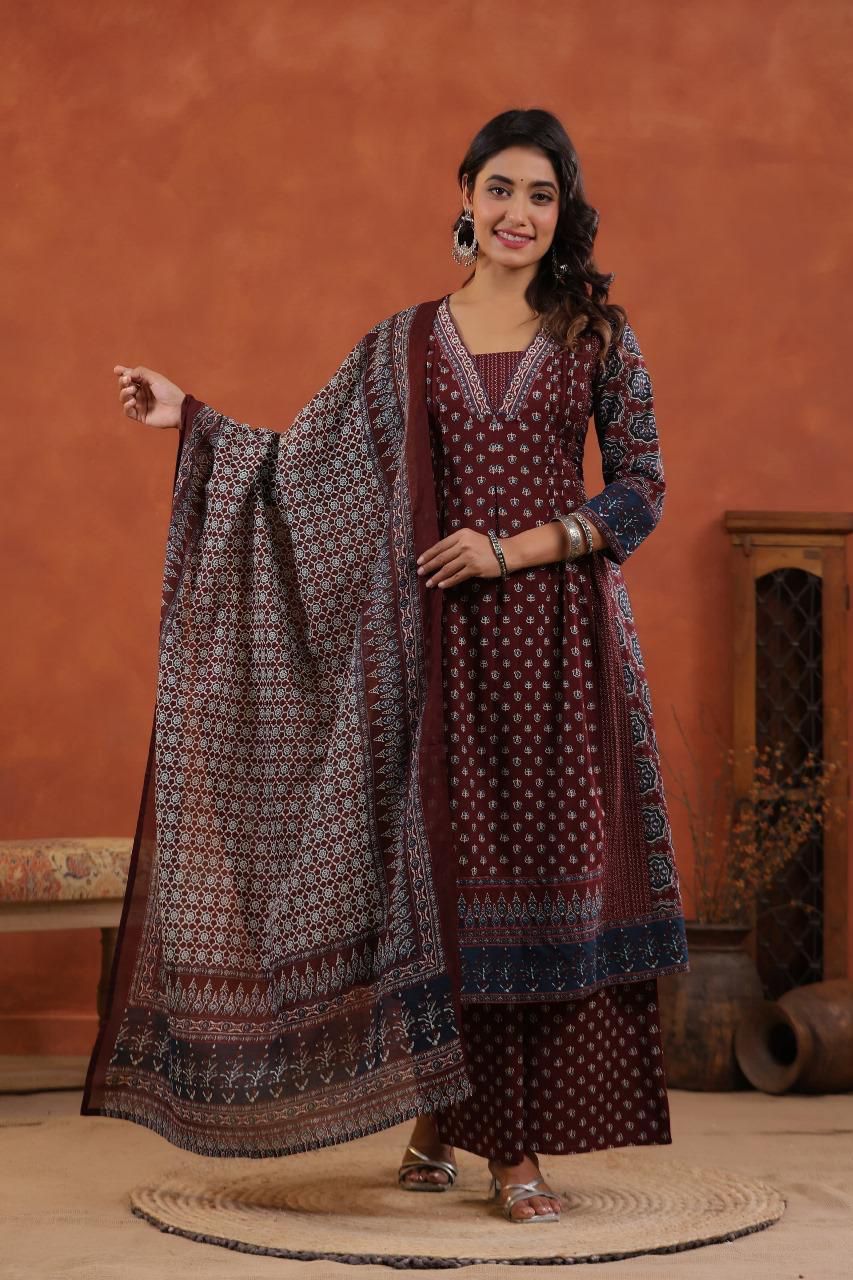 Maroon Handblock Printed Cotton Kurta Set with Dupatta – Premium Ethnic Ensemble by Laxurine