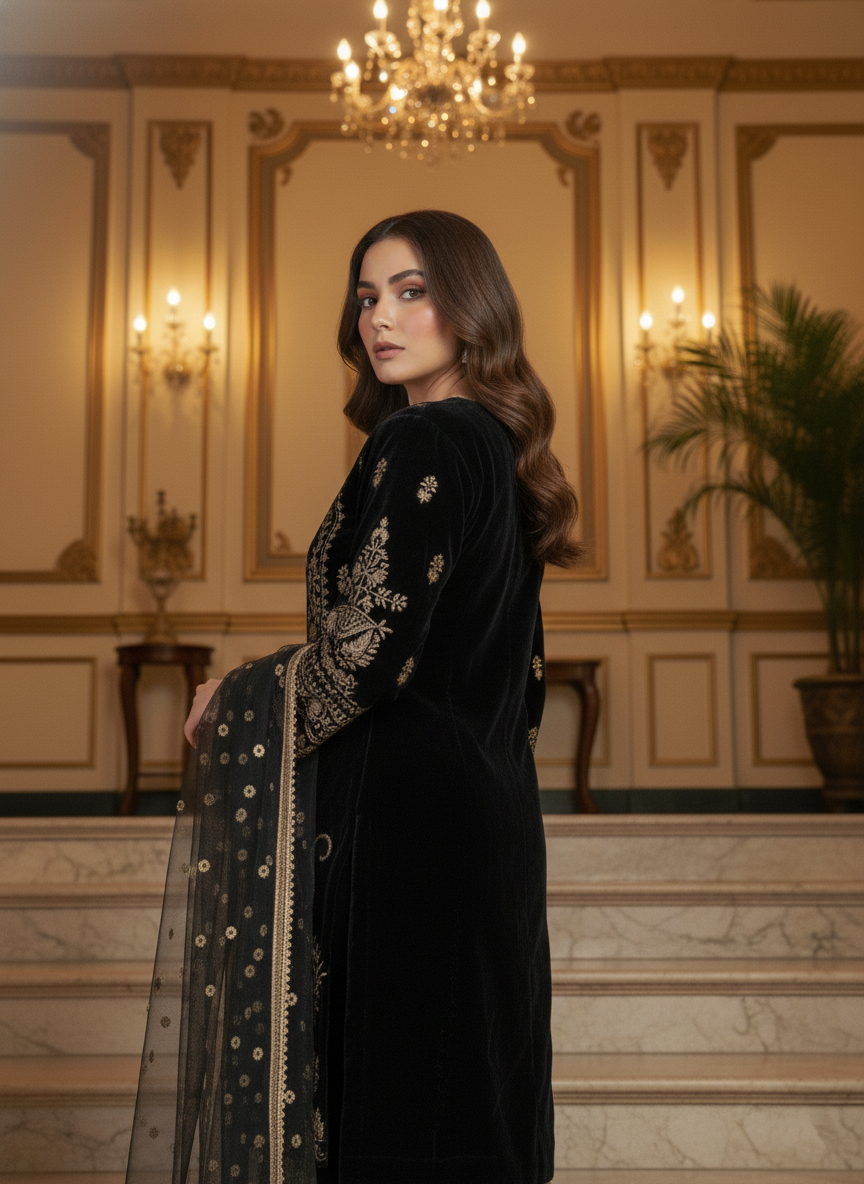 Black Velvet Zari Embroidered Suit Set for Women | Premium Kurti-Pant-Dupatta | Festive & Partywear Collection