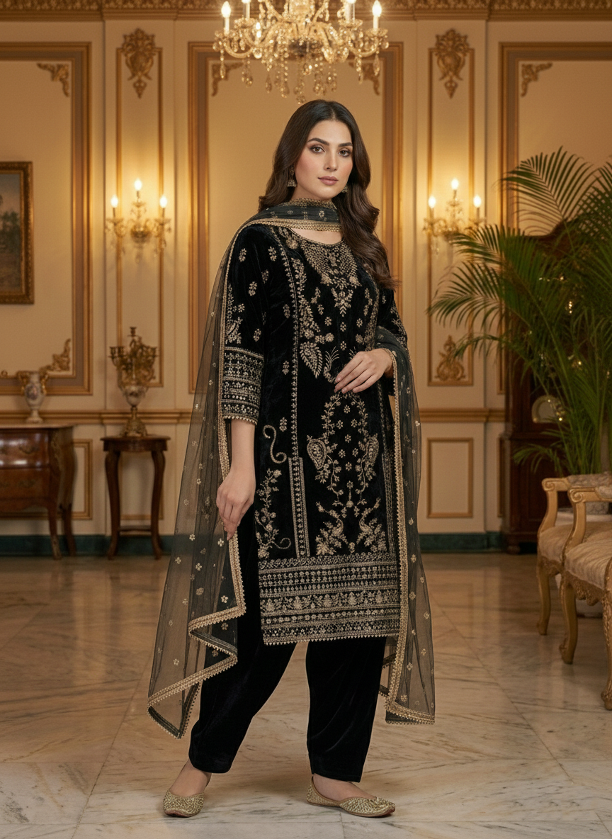 Black Velvet Zari Embroidered Suit Set for Women | Premium Kurti-Pant-Dupatta | Festive & Partywear Collection