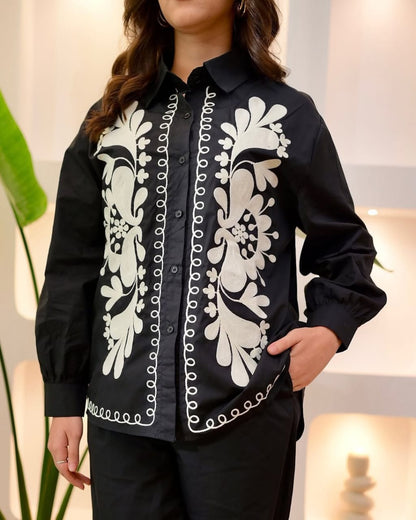 Luxury Embroidered Cotton Shirt for Women | Black & Ivory Indo-Western Designer Top