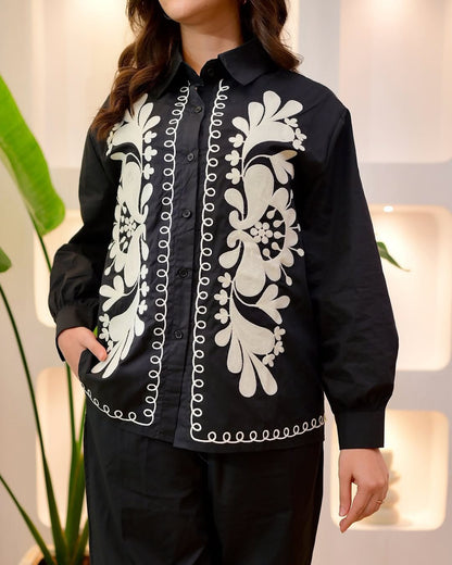 Luxury Embroidered Cotton Shirt for Women | Black & Ivory Indo-Western Designer Top