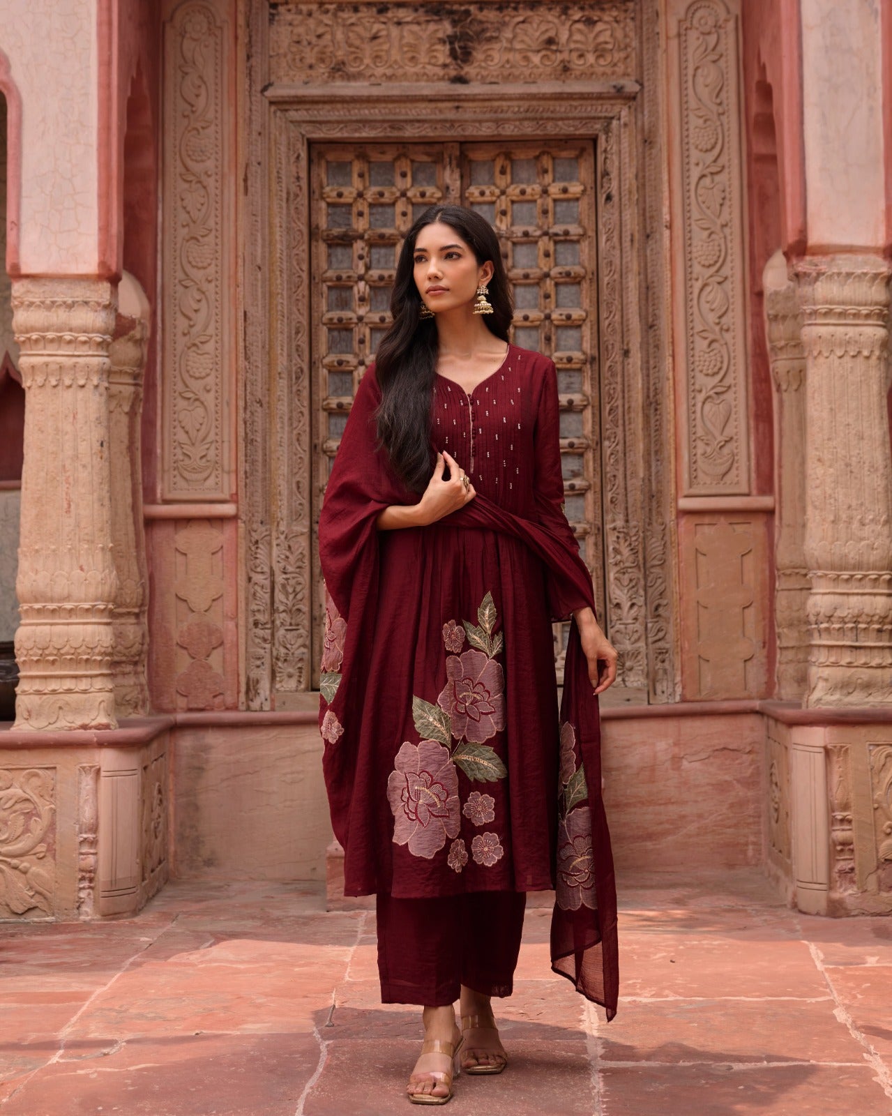 Maroon Mul Chanderi Appliqué Suit Set with Zari & Sequin Detailing