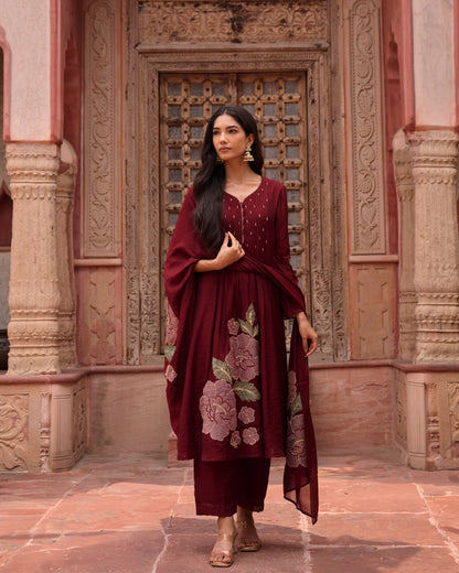 Maroon Mul Chanderi Appliqué Suit Set with Zari & Sequin Detailing