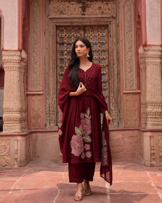 Maroon Mul Chanderi Appliqué Suit Set with Zari & Sequin Detailing