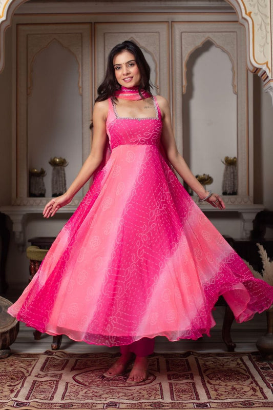Hot Pink Bandhani Printed Anarkali Kurta Set with Ombre Dupatta – Festive & Wedding Wear
