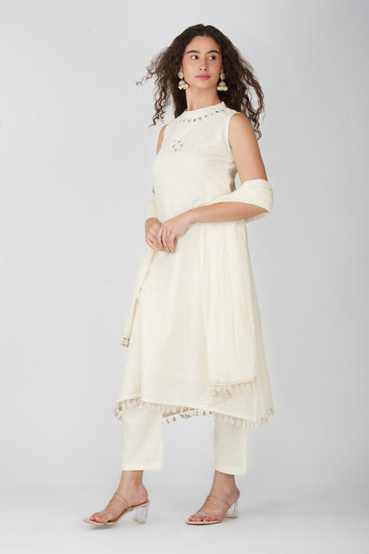 White Sleeveless Mirror Work Kurti Set with Dupatta