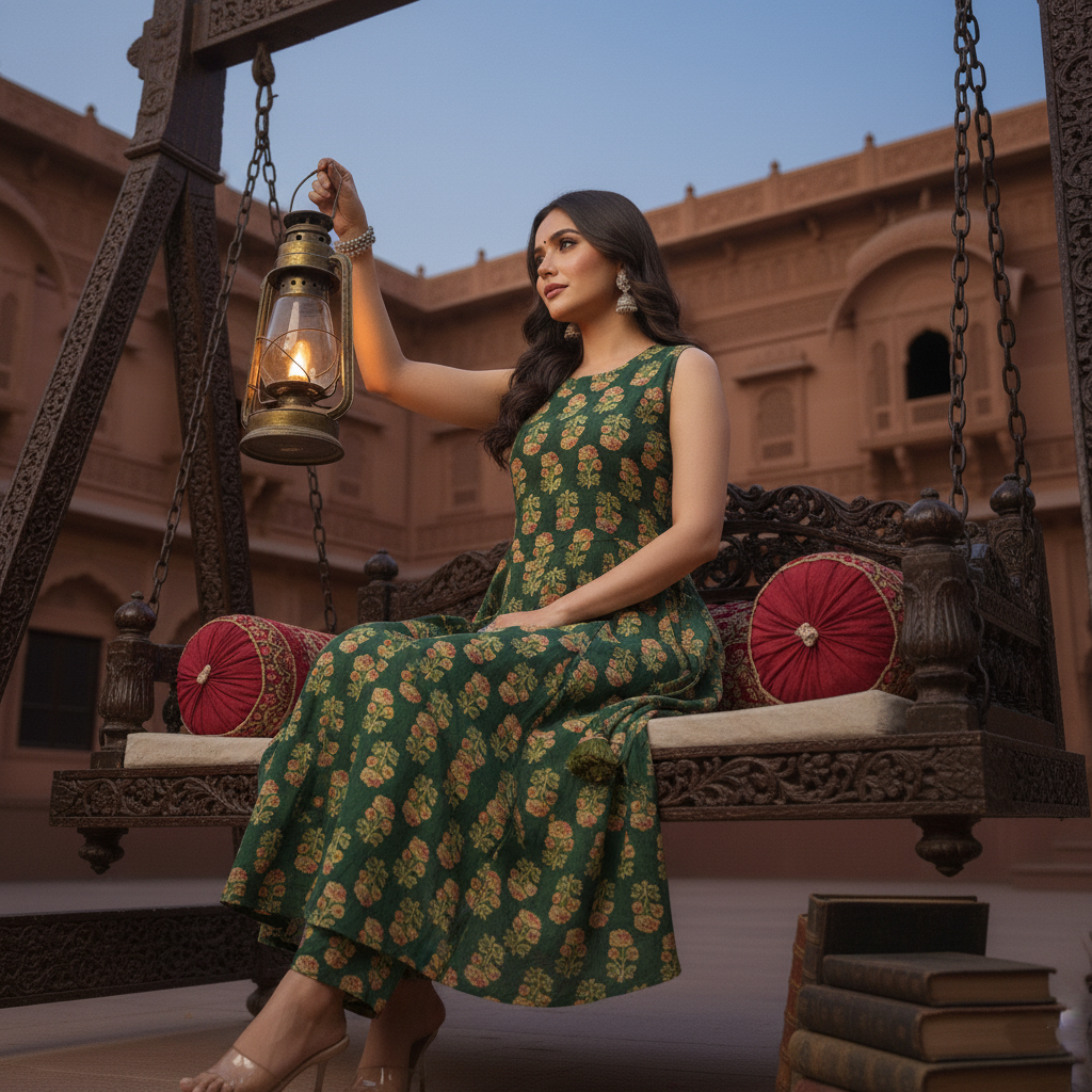 Emerald Bloom Anarkali Set – Royal Green Handblock Printed Cotton Suit