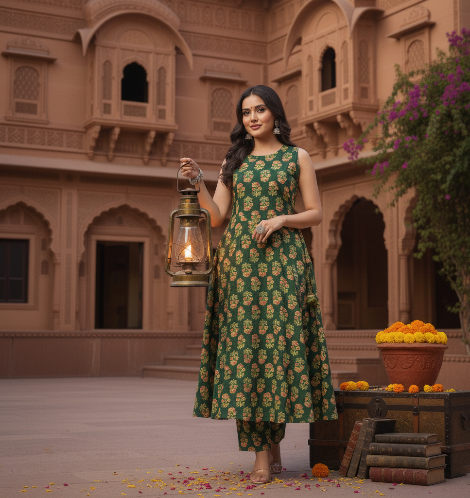 Emerald Bloom Anarkali Set – Royal Green Handblock Printed Cotton Suit