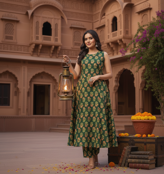 Emerald Bloom Anarkali Set – Royal Green Handblock Printed Cotton Suit