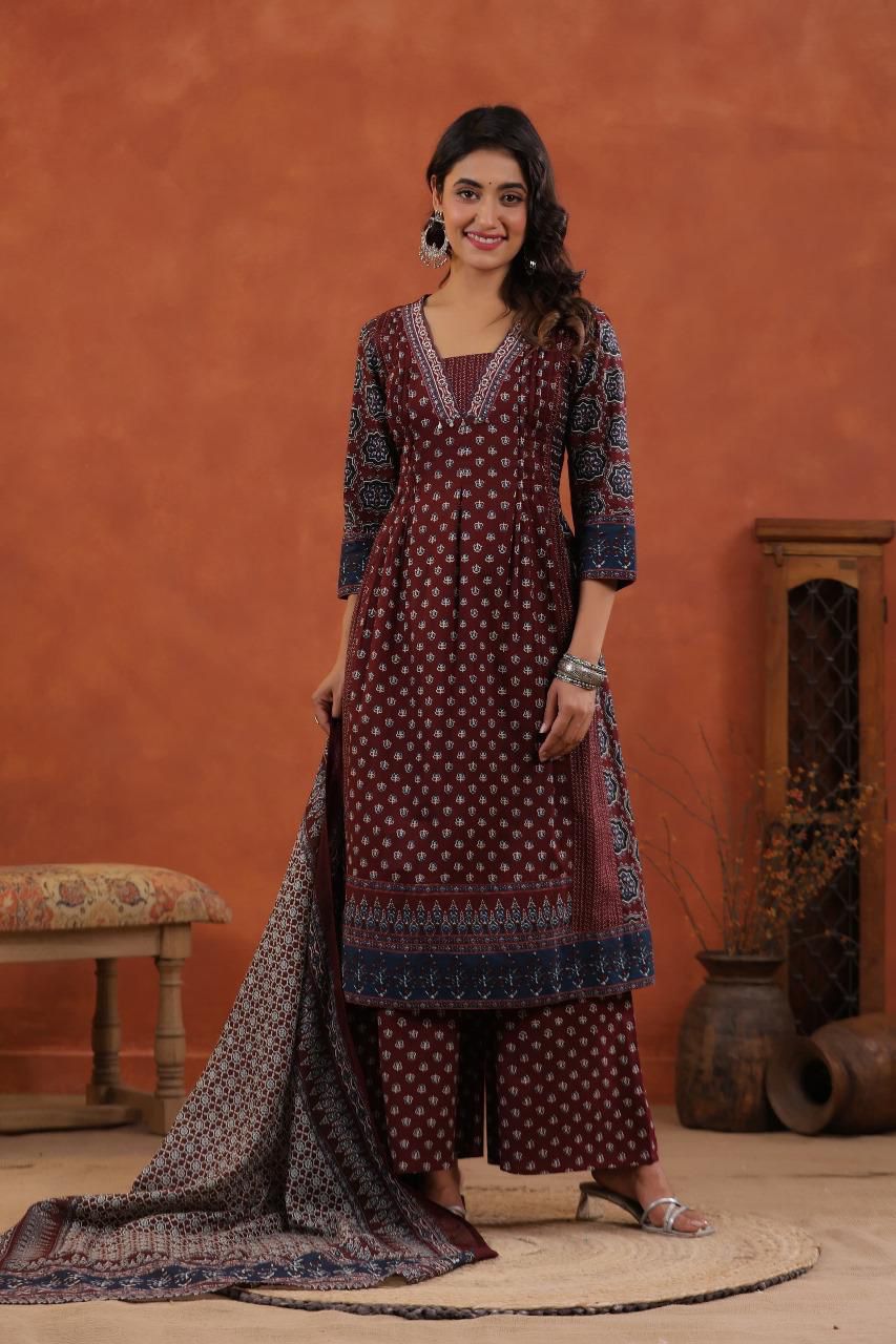 Maroon Handblock Printed Cotton Kurta Set with Dupatta – Premium Ethnic Ensemble by Laxurine